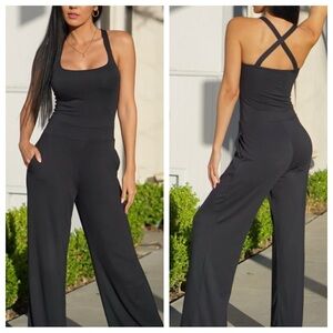 Aria Lattner Everyday Jumpsuit One Piece Pants Wide Leg Strappy Square Neck